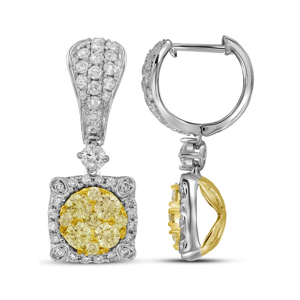 Earrings | 14kt White Gold Womens Round Yellow Diamond Square Dangle Earrings 1-5/8 Cttw | Splendid Jewellery GND