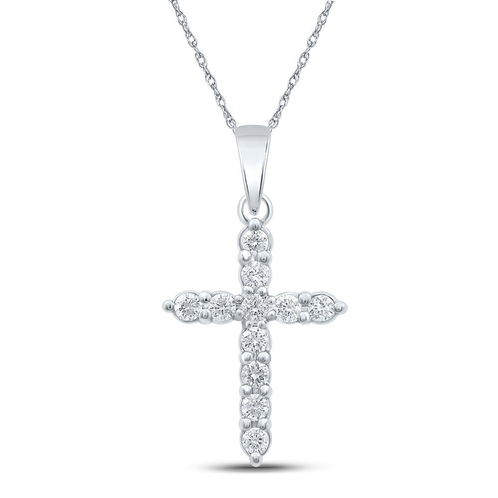 Elegant Brilliance: 10kt White Gold Womens Round Diamond Cross Pendant 1/4 Cttw - Splendid Jewellery