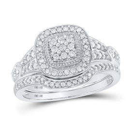 Elegant Harmony: 10kt White Gold Round Diamond Cluster Bridal Wedding Ring Band Set 1/5 Cttw - Alternate view 1 from Splendid Jewellery