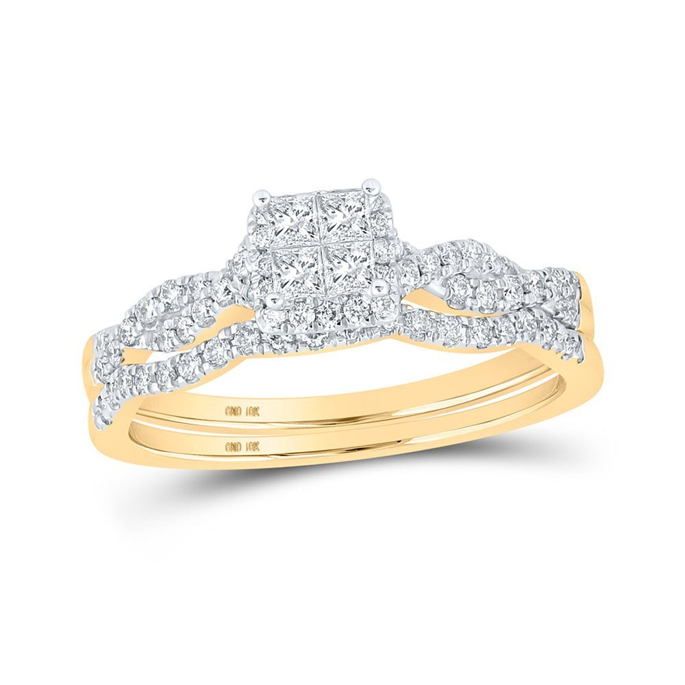 Elegant Majesty: 10kt Yellow Gold Princess Diamond Bridal Wedding Ring Band Set - Splendid Jewellery