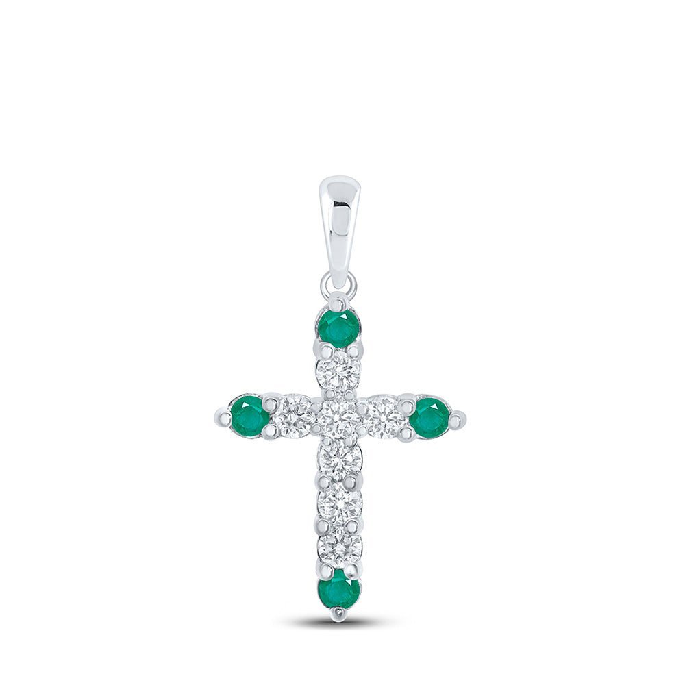 Emerald Brilliance: 10kt White Gold Gemstone Cross Pendant - Splendid Jewellery