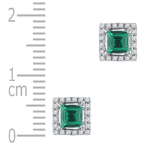 Load image into Gallery viewer, Emerald Brilliance: 10kt White Gold Princess Cut Lab - Created Emerald Stud Earrings with Diamond Accents - Splendid Jewellery