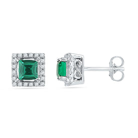 Emerald Brilliance: 10kt White Gold Princess Cut Lab-Created Emerald Stud Earrings with Diamond Accents  Top View from Splendid Jewellery