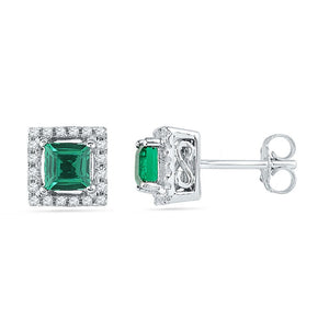 Emerald Brilliance: 10kt White Gold Princess Cut Lab - Created Emerald Stud Earrings with Diamond Accents - Splendid Jewellery