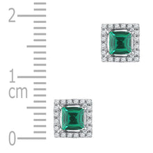 Load image into Gallery viewer, Emerald Brilliance: 10kt White Gold Princess Cut Lab-Created Emerald Stud Earrings with Diamond Accents  Side View from Splendid Jewellery