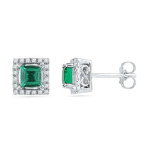 Load image into Gallery viewer, Emerald Brilliance: 10kt White Gold Princess Cut Lab - Created Emerald Stud Earrings with Diamond Accents - Splendid Jewellery