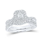 Emerald Brilliance: 14kt White Gold Diamond Halo Bridal Wedding Ring Band Set - Splendid Jewellery