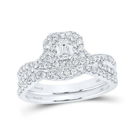 Emerald Brilliance: 14kt White Gold Diamond Halo Bridal Wedding Ring Band Set - Splendid Jewellery