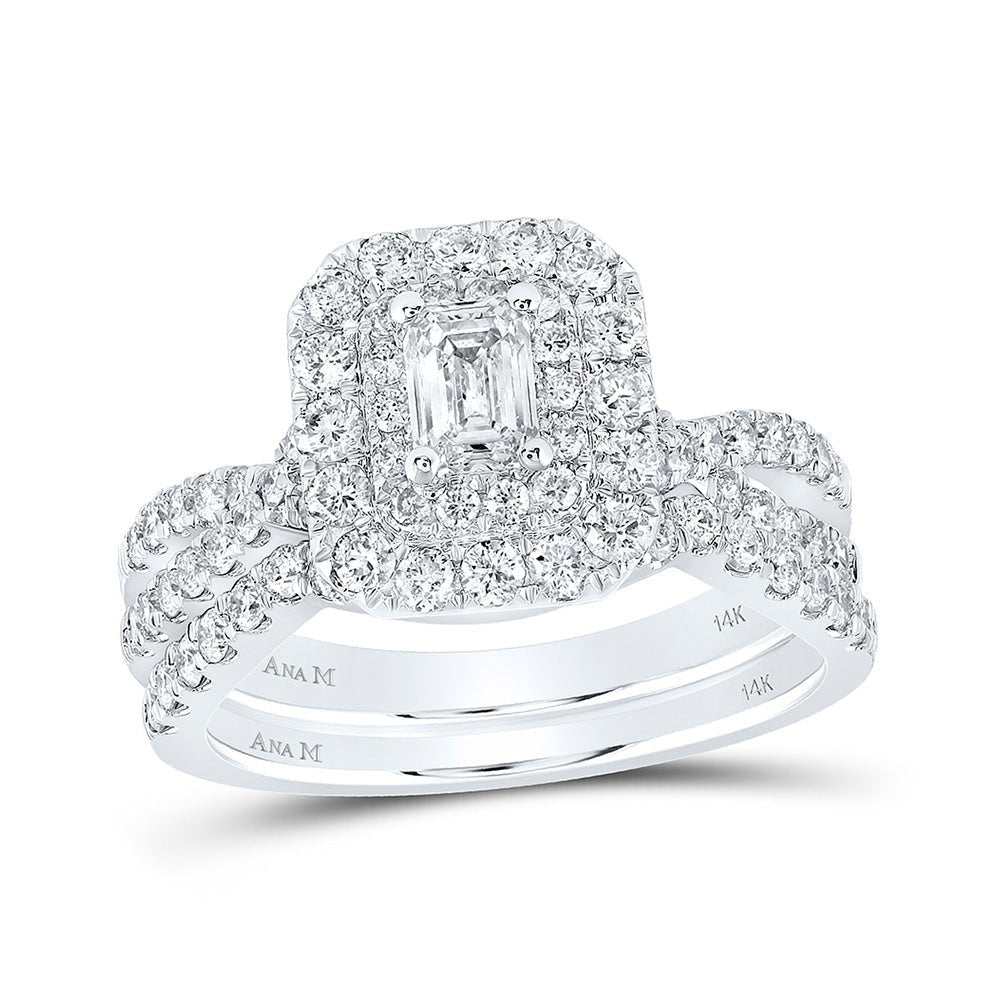 Emerald Brilliance: 14kt White Gold Diamond Halo Bridal Wedding Ring Band Set - Splendid Jewellery