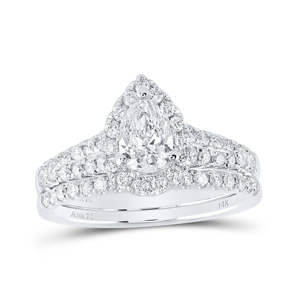 Emerald Brilliance: 14kt White Gold Diamond Halo Bridal Wedding Ring Band Set - Splendid Jewellery