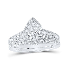 Emerald Brilliance: 14kt White Gold Diamond Halo Bridal Wedding Ring Band Set - Splendid Jewellery