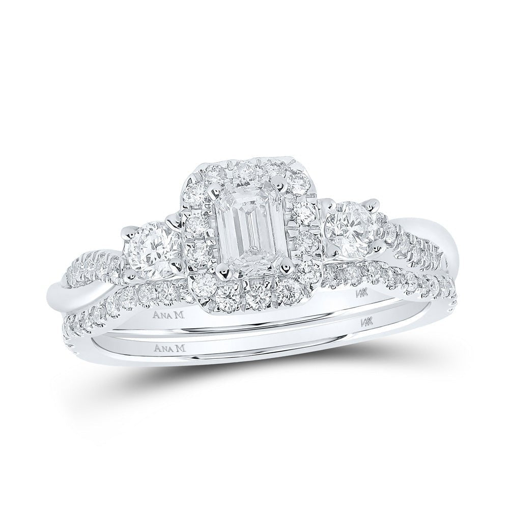Emerald Brilliance: 14kt White Gold Diamond Halo Wedding Ring Set - Splendid Jewellery