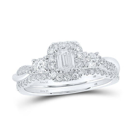 Emerald Brilliance: 14kt White Gold Diamond Halo Wedding Ring Set - Splendid Jewellery