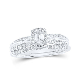Emerald Elegance 10kt White Gold Diamond Halo Bridal Wedding Ring Set - Splendid Jewellery