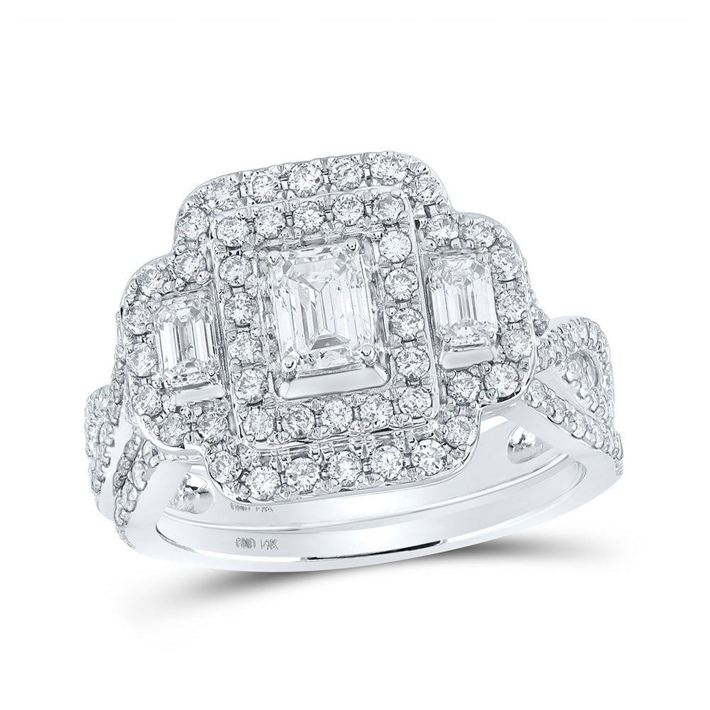 Enchanting 14kt White Gold Emerald Diamond Halo Bridal Wedding Ring Set - Splendid Jewellery
