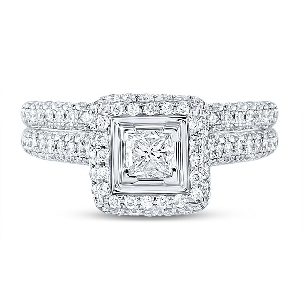 Enchanting 14kt White Gold Princess Diamond Halo Bridal Wedding Ring Band Set - Splendid Jewellery