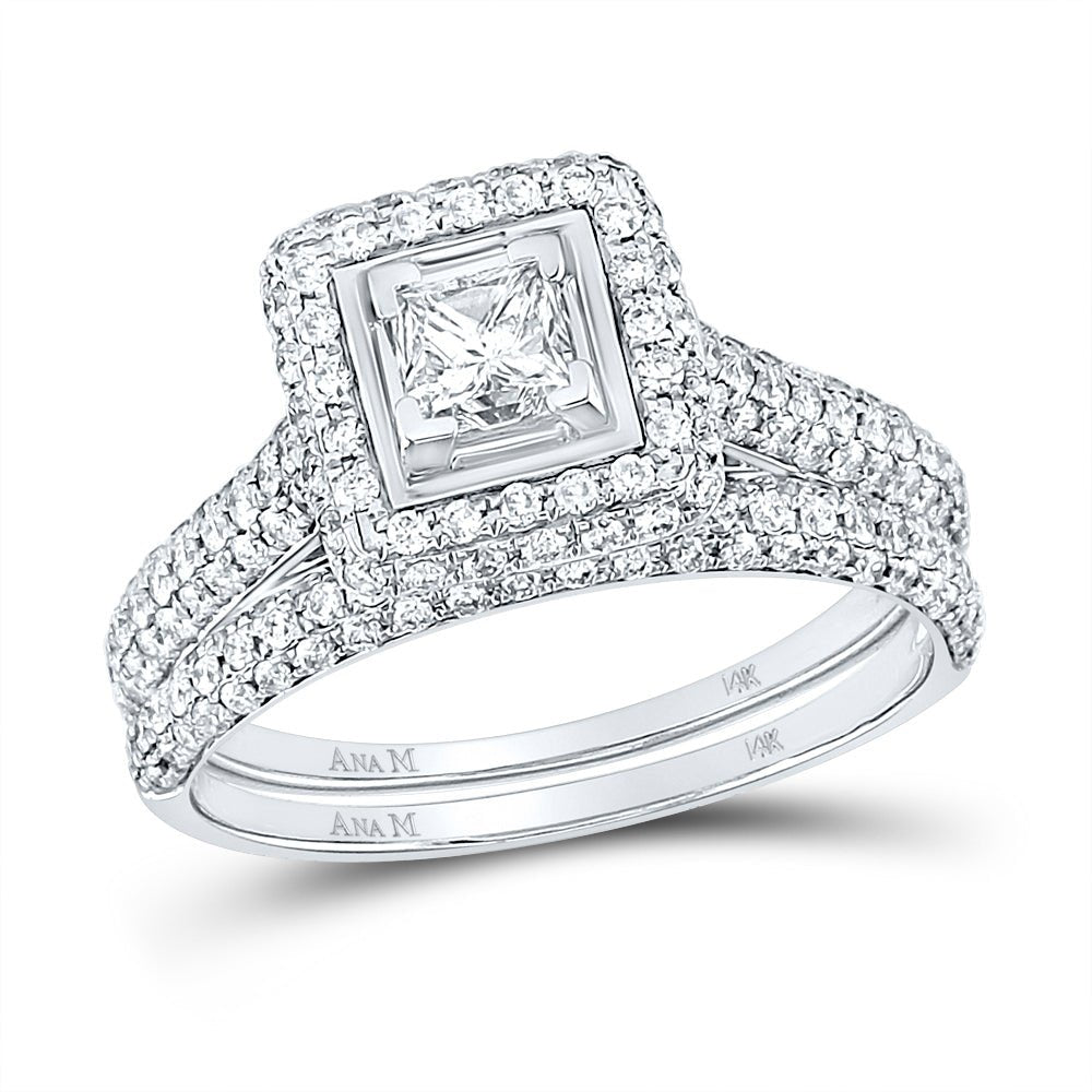 Enchanting 14kt White Gold Princess Diamond Halo Bridal Wedding Ring Band Set - Splendid Jewellery