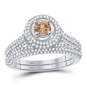 Enchanting 14kt White Gold Womens Round Brown Diamond Bridal Wedding Ring Band Set - Splendid Jewellery