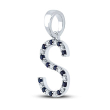 Load image into Gallery viewer, Enchanting Blue Sapphire Initial Pendant in 10kt White Gold Side 2 view from the 10Kt White Gold Womens Round Blue Sapphire Initial S Letter Pendant 1 4 Cttwpin288616 collection by Splendid Jewellery