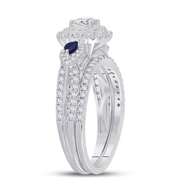 Enchanting Blue Sapphire Princess Diamond Bridal Wedding Ring Set - Front View