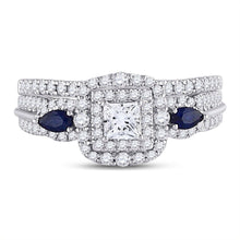 Load image into Gallery viewer, Enchanting Blue Sapphire Princess Diamond Bridal Wedding Ring Set - Side View
