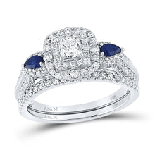 Load image into Gallery viewer, Enchanting Blue Sapphire Princess Diamond Bridal Wedding Ring Set - Top View