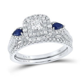 Enchanting Blue Sapphire Princess Diamond Bridal Wedding Ring Set - Top View