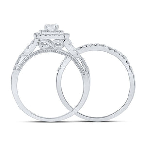 Enchanting Brilliance: 14kt White Gold Diamond Halo Bridal Wedding Ring Band Set - Splendid Jewellery