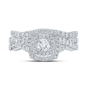 Enchanting Brilliance: 14kt White Gold Diamond Halo Bridal Wedding Ring Band Set - Splendid Jewellery