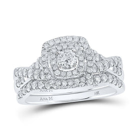 Enchanting Brilliance: 14kt White Gold Diamond Halo Bridal Wedding Ring Band Set - Front View