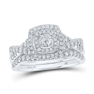 Enchanting Brilliance: 14kt White Gold Diamond Halo Bridal Wedding Ring Band Set - Splendid Jewellery