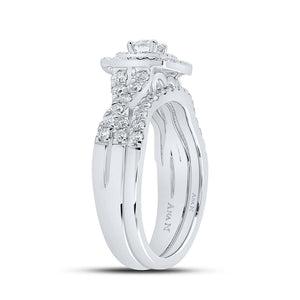 Enchanting Brilliance: 14kt White Gold Diamond Halo Bridal Wedding Ring Band Set - Splendid Jewellery