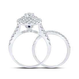 Enchanting Brilliance: 14kt White Gold Diamond Halo Bridal Wedding Ring Set with Blue Sapphire - Side View