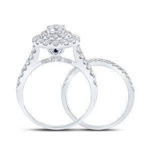 Enchanting Brilliance: 14kt White Gold Diamond Halo Bridal Wedding Ring Set with Blue Sapphire - Splendid Jewellery