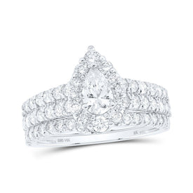 Enchanting Brilliance: 14kt White Gold Pear Diamond Halo Bridal Wedding Ring Band Set 1 - 1/2 Cttw - Splendid Jewellery