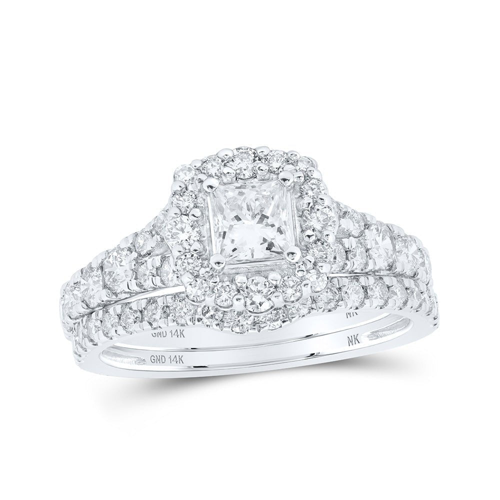 Enchanting Brilliance | 14kt White Gold Princess Diamond Halo Bridal Wedding Ring Band Set 1 - 1/2 Cttw - Splendid Jewellery