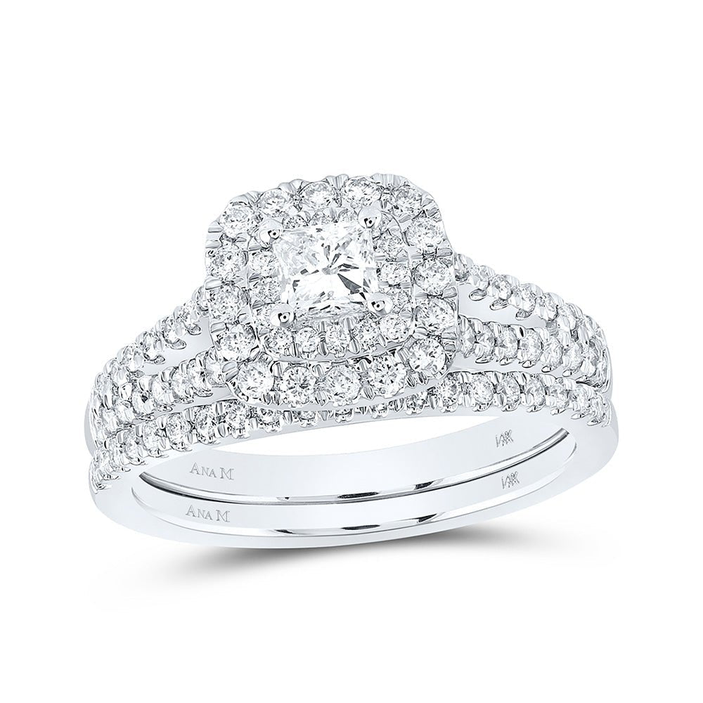 Enchanting Brilliance: 14kt White Gold Princess Diamond Halo Bridal Wedding Ring Band Set - Splendid Jewellery