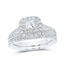 Enchanting Brilliance: 14kt White Gold Princess Diamond Halo Bridal Wedding Ring Band Set - Splendid Jewellery