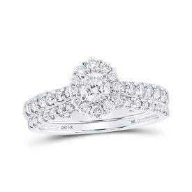 Enchanting Brilliance: 14kt White Gold Round Diamond Halo Bridal Wedding Ring Band Set 1 Cttw - Splendid Jewellery