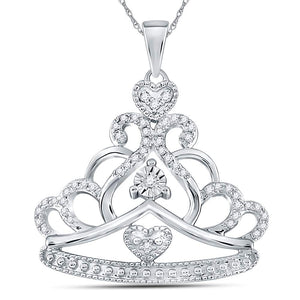 Enchanting Crown of Diamonds Pendant | 14kt White Gold Womens Round Diamond Crown Tiara Fashion Pendant 1/6 Cttw - Splendid Jewellery