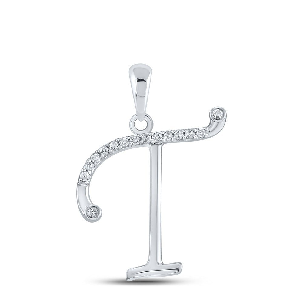 Enchanting Diamond Initial Elegance Pendant | 10kt White Gold Womens Round Diamond Initial T Letter Pendant 1/10 Cttw | Splendid Jewellery - Splendid Jewellery