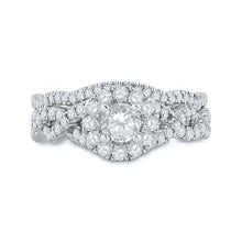 Load image into Gallery viewer, Enchanting Elegance: 14kt White Gold Diamond Halo Bridal Wedding Ring Band Set with Blue Sapphire - Front View