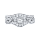 Enchanting Elegance: 14kt White Gold Diamond Halo Bridal Wedding Ring Band Set with Blue Sapphire - Front View