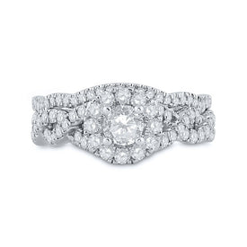 Enchanting Elegance: 14kt White Gold Diamond Halo Bridal Wedding Ring Band Set with Blue Sapphire - Front View