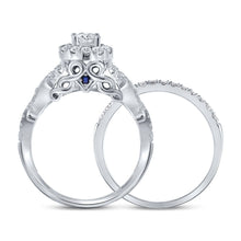 Load image into Gallery viewer, Enchanting Elegance: 14kt White Gold Diamond Halo Bridal Wedding Ring Band Set with Blue Sapphire - Top View