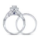 Enchanting Elegance: 14kt White Gold Diamond Halo Bridal Wedding Ring Band Set with Blue Sapphire - Top View