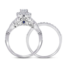 Load image into Gallery viewer, Enchanting Elegance: 14kt White Gold Diamond Halo Bridal Wedding Ring Band Set with Blue Sapphire - Side View