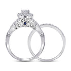 Enchanting Elegance: 14kt White Gold Diamond Halo Bridal Wedding Ring Band Set with Blue Sapphire - Side View