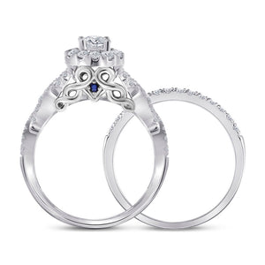 Enchanting Elegance: 14kt White Gold Diamond Halo Bridal Wedding Ring Band Set with Blue Sapphire - Splendid Jewellery