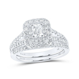 Enchanting Elegance: 14kt White Gold Emerald Diamond Halo Bridal Wedding Ring Band Set 1 - 1/2 Cttw - Splendid Jewellery